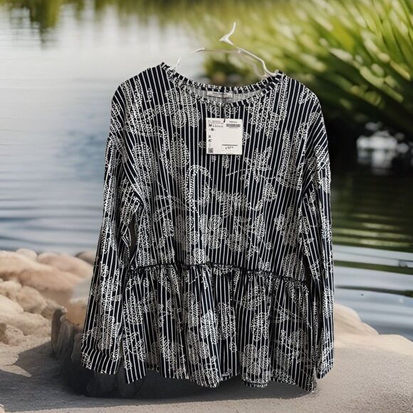 NWT Zara Blue White Stripe Floral Oversized Peplum Pleat Frill Hem Top  M - Picture 3 of 7